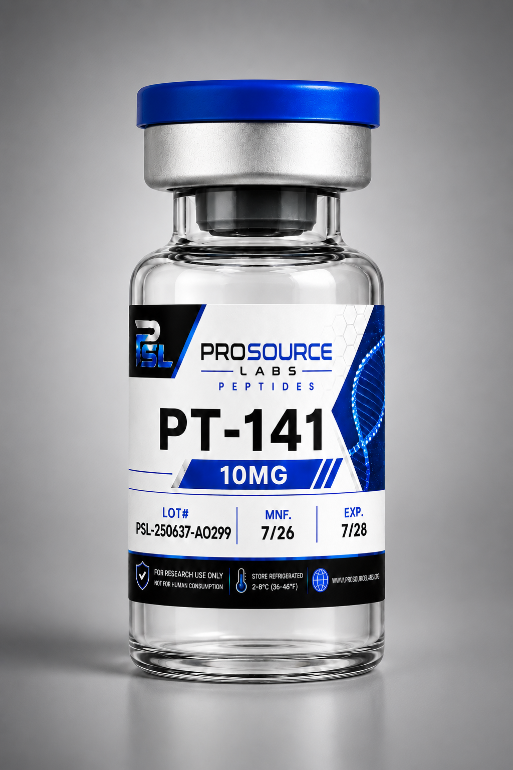 PT-141 (Bremelanotide) 10mg lyophilized research vial — ProSource Labs